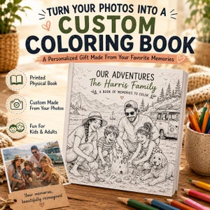 May include: A custom coloring book titled Our Adventures The Harris Family A Book of Memories to Color, featuring a black and white line art illustration of a family building a sandcastle with a dog and a van, alongside a printed photo of the scene.