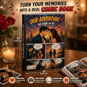 Op de afbeelding: Een hardcover boek getiteld Our Adventure The Story Of Us met een stripboekstijl omslagillustratie van een koppel. Het boek meet 27,94 cm bij 20,32 cm en bevat panelen met romantische scènes, waaronder een aanzoek en een zonsondergang.