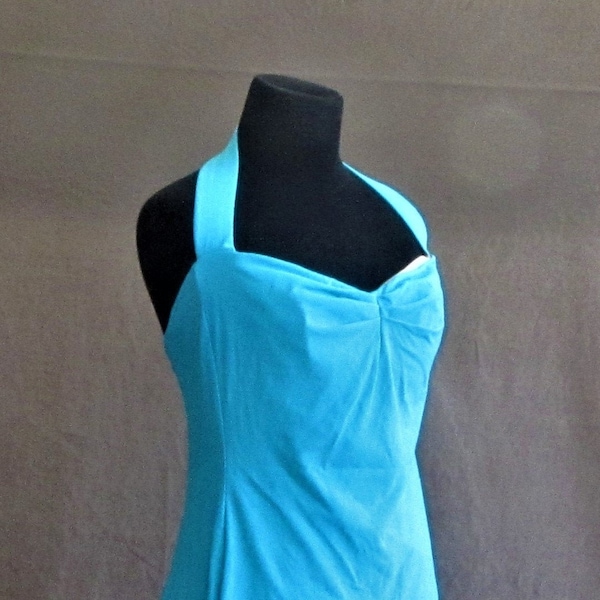Bathing Suit, One Piece, Pinched Front, Halter Straps, Turquoise, Skirted, 80s Does 40s, Size 14, Vintage Bill Blass