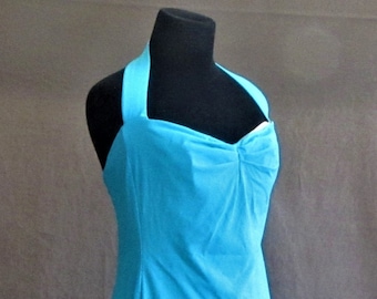 Bathing Suit, One Piece, Pinched Front, Halter Straps, Turquoise, Skirted, 80s Does 40s, Size 14, Vintage Bill Blass