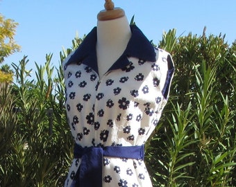 Vtg Maxi Floral Dress, Full Length Textured Cotton Hostess Dress, White w/ Blue Flowers, 38in Bust, Sleeveless, Saybury, Vintage 60s