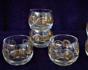 Cera 8pc Gold Scroll 4oz Mini Roly Poly Glasses, 22k Gold, Aperitif Glasses, Vintage 60s