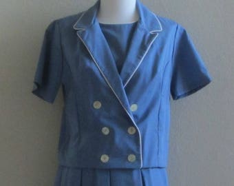 Scooter Dress with Double Breasted Jacket, Pleated Skirt, Chambray Blue with White Piping Trim, Vintage 60s