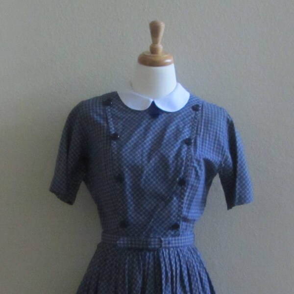 Double Breasted Blue and Gray Plaid Cotton Dress, Matching Belt, Removable White Peter Pan Collar, 38in Bust, Vintage 60s Nelly Don