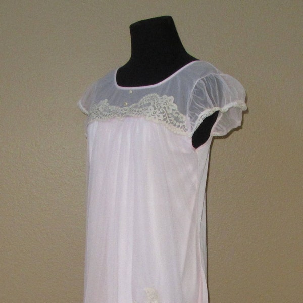 Nightgown, Baby Pink with Taupe Lace Bodice and Trim, Women's Small, Penny’s Adonna, Vintage 1960s