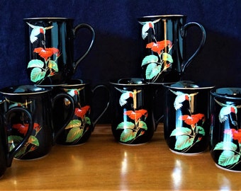 Vtg 4pc Ceramic Mugs, Hummingbird w/ hibiscus, Gold Rim, Design by Gibson Greeting Cards for Otagiri, Vintage 80s