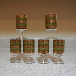 Vtg 6pc Set, Green and Ornate 22k Gold Goblet Style Glasses, 4oz, Starlyte, Inc., Vintage 60s – 70s