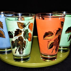 60s 4pc Gold Grapes and Colored Frosted Glasses, Vintage 60s