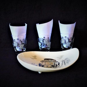 Vtg MCM Drinkware / Barware Ensemble, 3ea 4-ounce Libbey Cocktail Glasses & 1ea MCM Ceramic Dish by Sascha Brastoff, Vintage 50s – 60s
