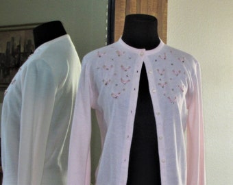 Pink Orlon Sweater, Pink Ribbon, Rhinestones, Faux Pearls, Vintage 50s, Helen Harper, Bust 32in