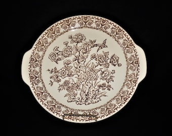 Vtg 40s Cake Plate, Brown Floral w/ Bird on Ivory, Underglaze, Royal China, Inc., Vintage 1940s