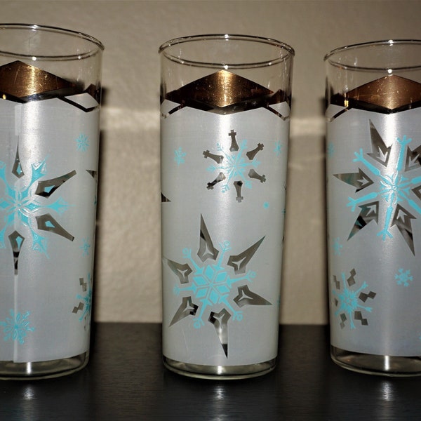 7pc MCM Christmas Atomic Snowflake Glasses, Turquoise / Aqua / Teal on White Frosted w/ Gold Diamonds, 16oz, Federal Glass Co., Vtg 60s