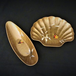 Oriental Trinket Dish Set, Hollywood Regency, Gold Catalina Woodenware, Hand Painted Butterfly, Scallop Shell and Boat Shapes, Vintage 60s