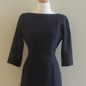 Black Illusion Dress, Classic Lined Little Black, Cotton Lace Dress, Cocktail Dress, Bust 36in, Waist 27in, Lace 3/4 Sleeves, Vintage 60s