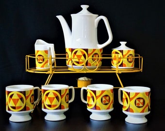 Vtg MCM Geometric Coffee Service Set for 4, Service / Storage Rack, Bold Colors, Vintage 70s – 80s