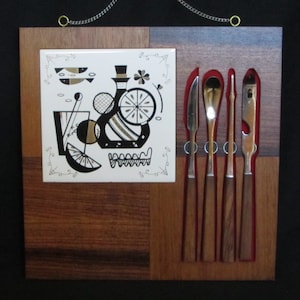 MCM Bar Cutting Board With Bar Tools and MCM Graphic Ceramic Tile, Wall Hanging, Vintage 60s – 70s