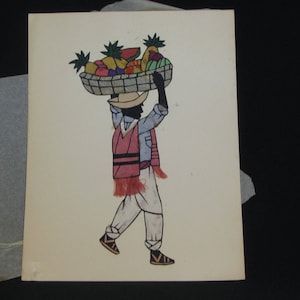 Vintage Fabric Applique, Sewing / Iron On Applique, South of the Border Male w/Fruit Basket, Vintage 1950s