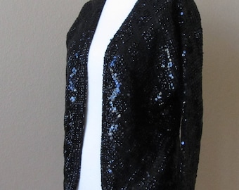 Pure Wool Cardigan, Jacket, Black Sequined, Laura Aponte, Italian Couture, Vintage 1950 - 60s, Very Liza Minnelli