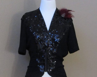 Women’s Black Crepe Peplum Sequin Short Sleeve Top by Franklin Simon w/Retro-Feathered Brooch in Burgundy and Black, Vintage 1940s