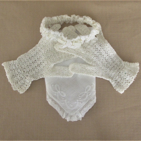 Vintage Bridal Set, French Crochet Bridal Gloves, Irish Linen Hankie, Elastic Lace Garter, Bridal Accessory Ensamble, Vintage 1952