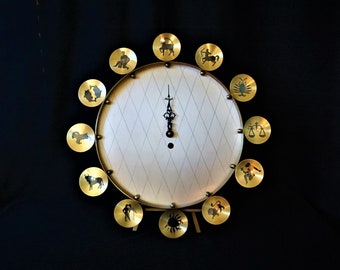 Vtg MCM Kienzle Zodiac Brass Wall Clock, Round, Battery Op, Vintage 70s