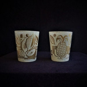 Vtg RARE Georges Briard Ambrosia 12oz Bar Glasses, Nectar of the Gods, Unique Ivory Spatter w/ Gold Print Fruit, Vintage 60s