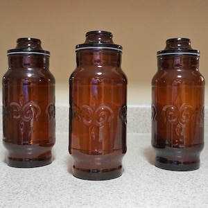 Vtg 3pc Fleur Di Lis Brown Jars w/ Lids, Glass Canisters, Glass Storage Jars, Repurposed Creamora Jars, Vintage 1970s