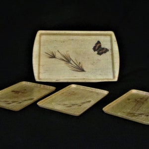 Fiberglass Tray Set, Rafia and Gold Thread, 1 Large with Handles, 3 Snack, Asian Motif, Vintage 60s