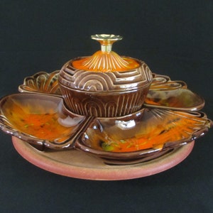 MCM Lazy Susan, Ceramic, California Pottery, 5pc Set, Vintage 1960s