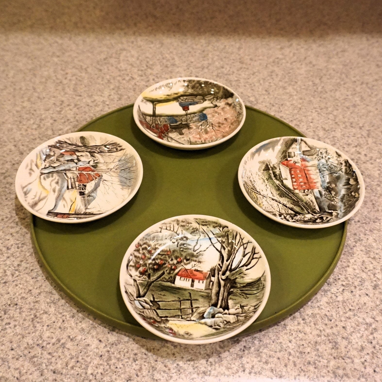 Vtg 4pc Ceramic Coasters, Friendly Village by Johnson Brothers, Made in England, Vintage 1950s – 60s