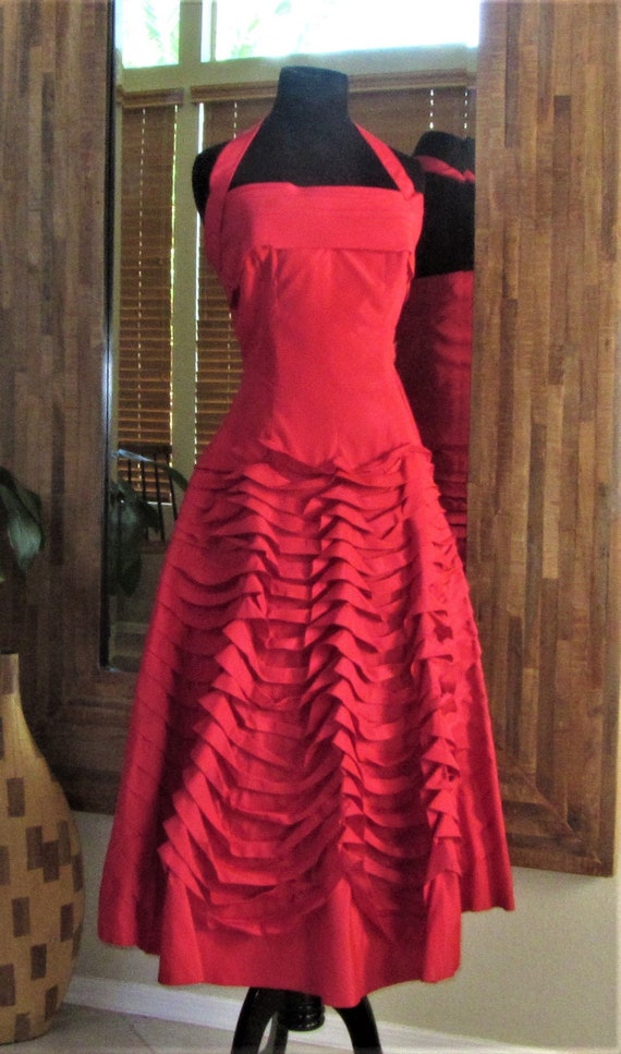 Red Taffeta Halter Prom Dress by “A Coquette Origi