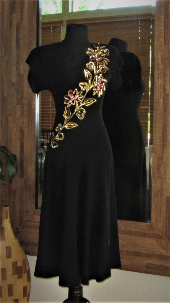 40s Sequin Black Crepe Dress, Fit and Flare, Semi-