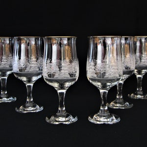 Libbey “Pines” Winter Scene 8pc Tulip Shaped Goblets by Lynn’s China for Arby’s, Vintage 80s Limited Edition