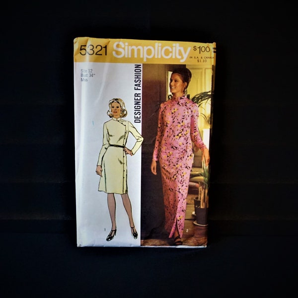 SALE Uncut Simplicity Long Sleeve Cheongsam / Qipao / Asian Style Dress, Pattern 5010, Size 12, Bust 34in., Vintage 1972