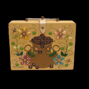 Vtg Enid Collins of Texas Box Bag, Pot O’ Gold, Wood Jeweled Purse, Vintage 1960s