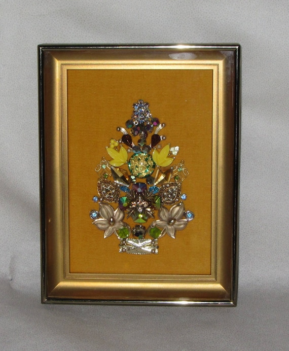 Jeweled Christmas Tree Wall Art, Framed with Glass Face, Mustard Yellow Background, Vintage 1960s