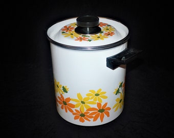Esmaltado 4 Qt. StockPot / Steamer, Ekco Country Garden Italian Cookware, Orange / Yellow Daisies, w / Dividable Strainer, Vintage 70s