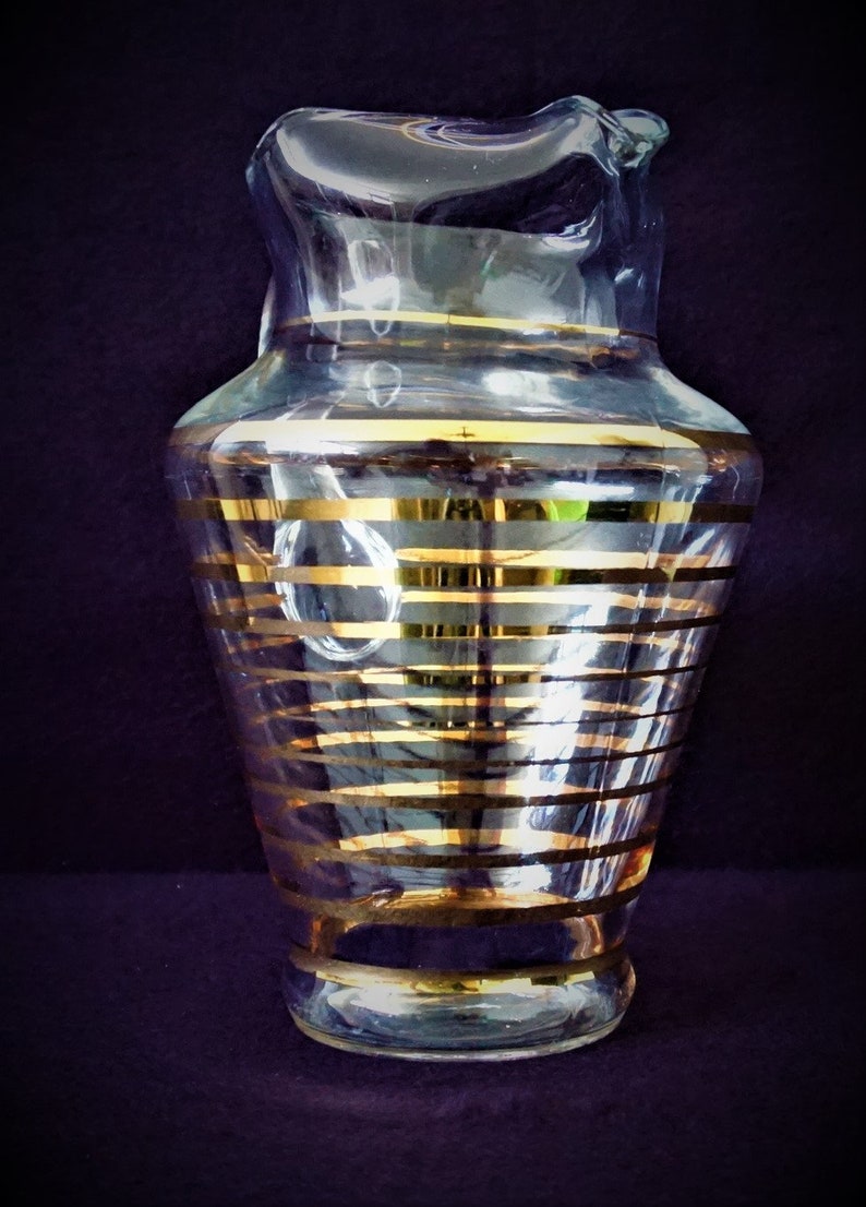 Vtg Italian Drinking Glass Serving Set, Horizontal Gold Stripes