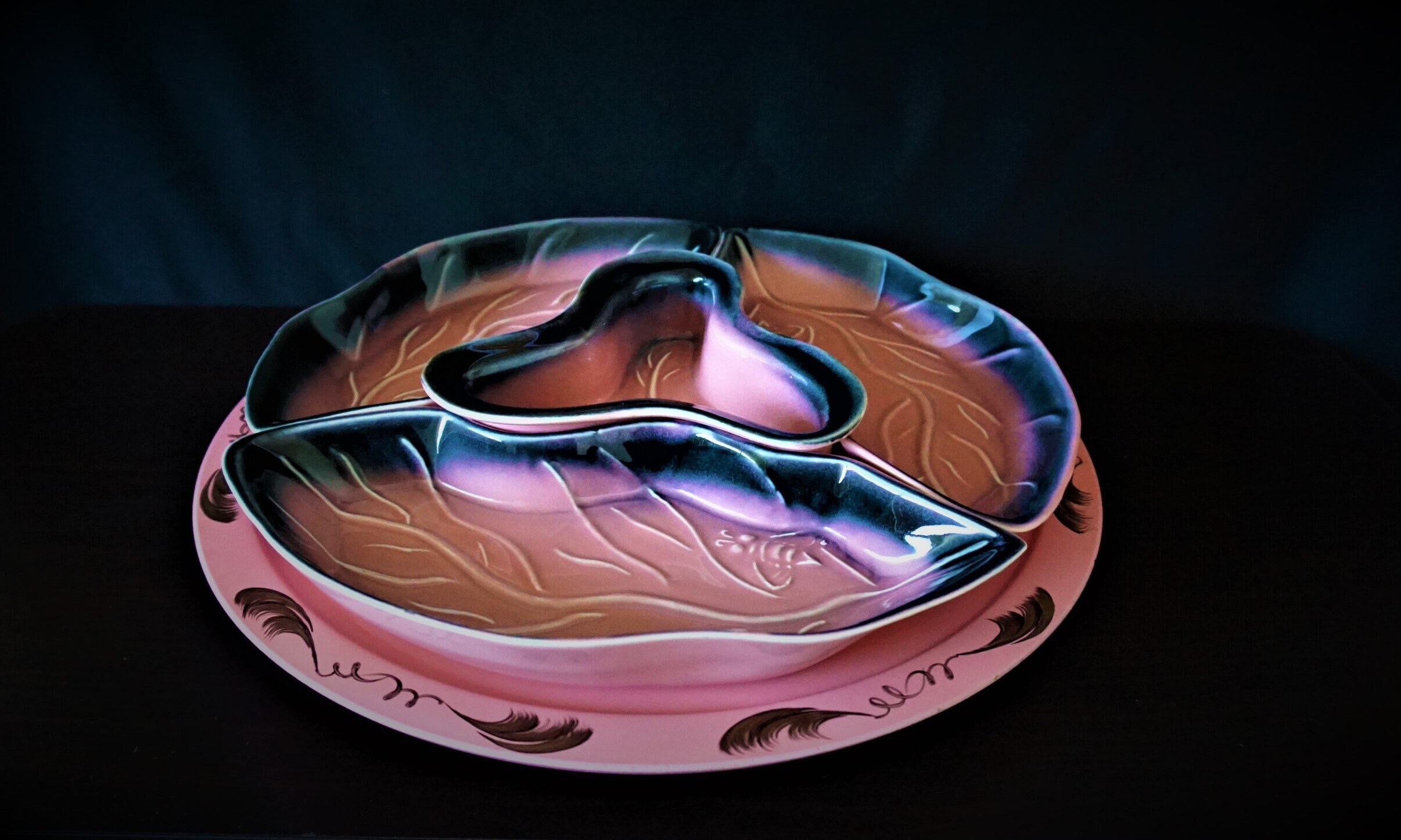 Vtg Lazy Susan Set, Pink Rio Grande Ware Complete W/ Matching Hand