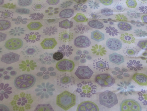 Vintage 70s Lime Green and Purple on White Floral Seersucker Fabric 1pc 36in Wide x 6 Yards