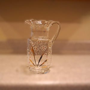 Vtg Hand Blown Ruffled Lip Glass Pitcher, Victorian Stye, Floral Hand-Painted, 56oz, Vintage 1940s