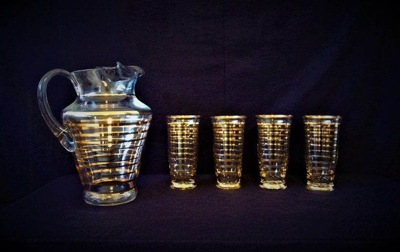 Vtg Italian Drinking Glass Serving Set, Horizontal Gold Stripes