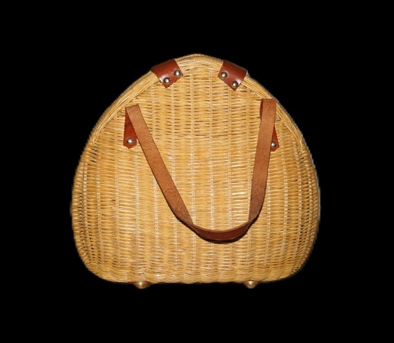 Vtg Wicker Teardrop Shape Handbag w/ Leather Hand… - image 5