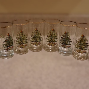 Vtg 8pc or 10pc Spode Christmas Tree Highball Gold Rim Glasses, Vintage 1980s
