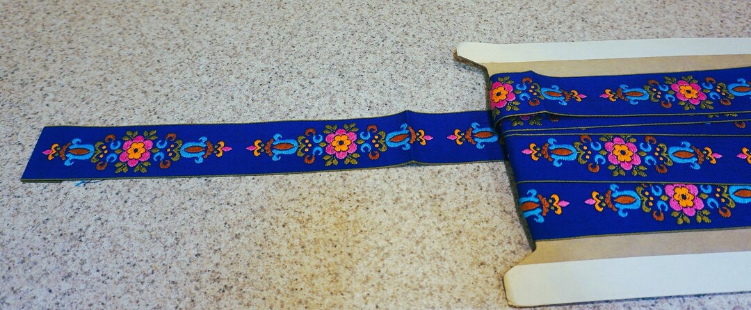 Vtg Hippie Royal Blue Trim / Boho Ribbon, Embroidered Pink Flowers W ...