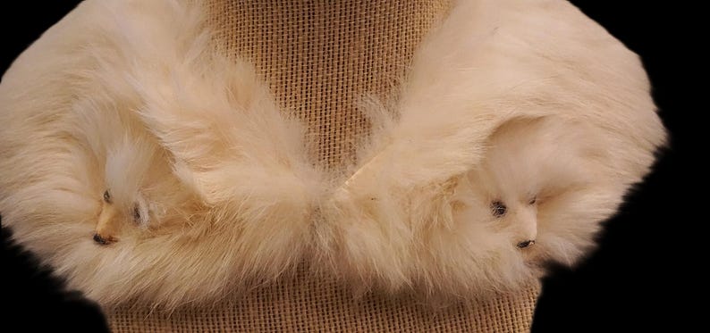 May include: Cream-colored fur collar with a soft, fluffy texture. The collar is designed to be worn around the neck and has a symmetrical shape. The fur appears to be in good condition, with no visible damage. The background is a neutral tan color.