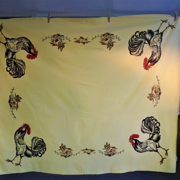 California Hand Print Tablecloth, Sunny Yellow w/ Roosters and Farm, 62in x 54in, Vintage 60s – 70s