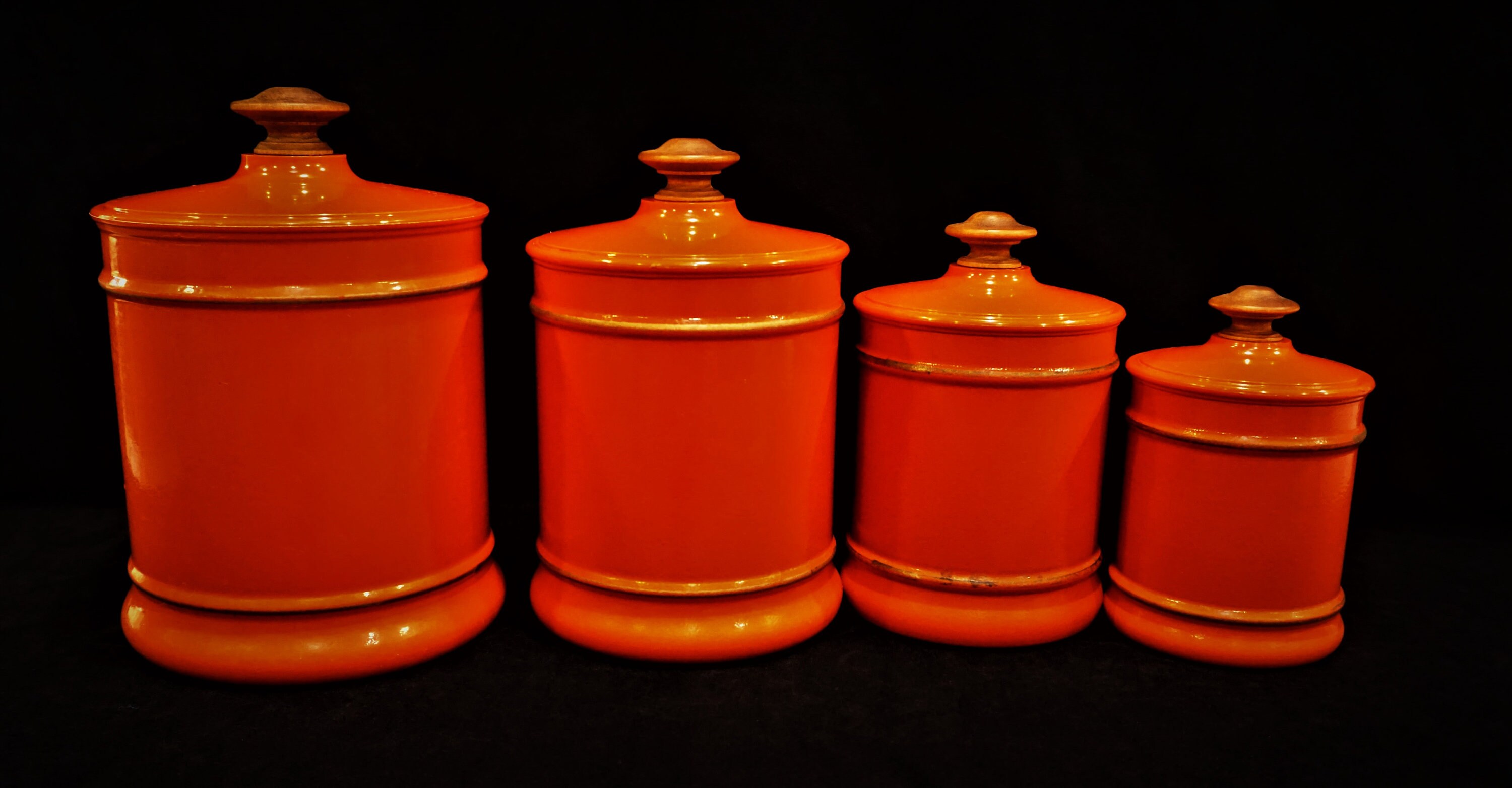 Vintage 4pc Red Metal Canister Set, Pennsylvania Dutch Print Vintage 4pc Red Metal Canister Set, Pennsylvania Dutch Print