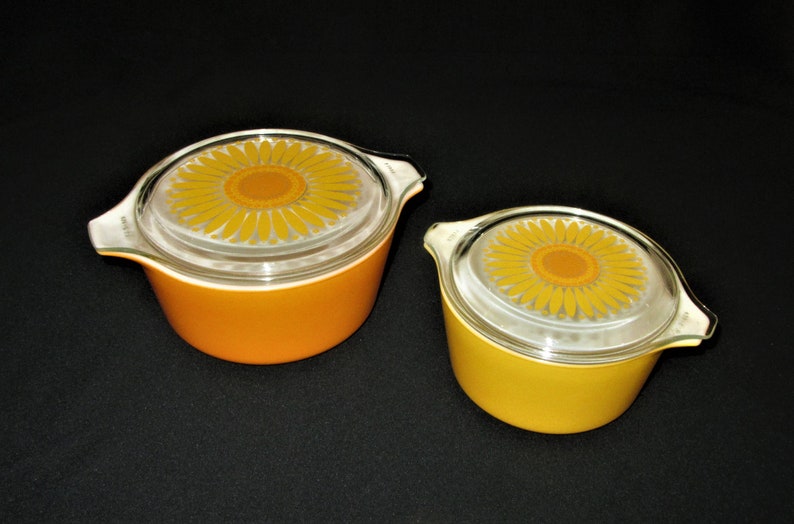 Pyrex Daisy Cinderella Orange and Yellow Casserole Set Vintage 60s \u2013 70s