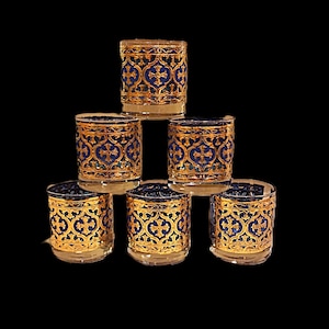 Vtg 6pc Georges Briard Firenza Lowball Glasses, 8oz, Azure Blues and Gold, Ornate, Vintage 1960s